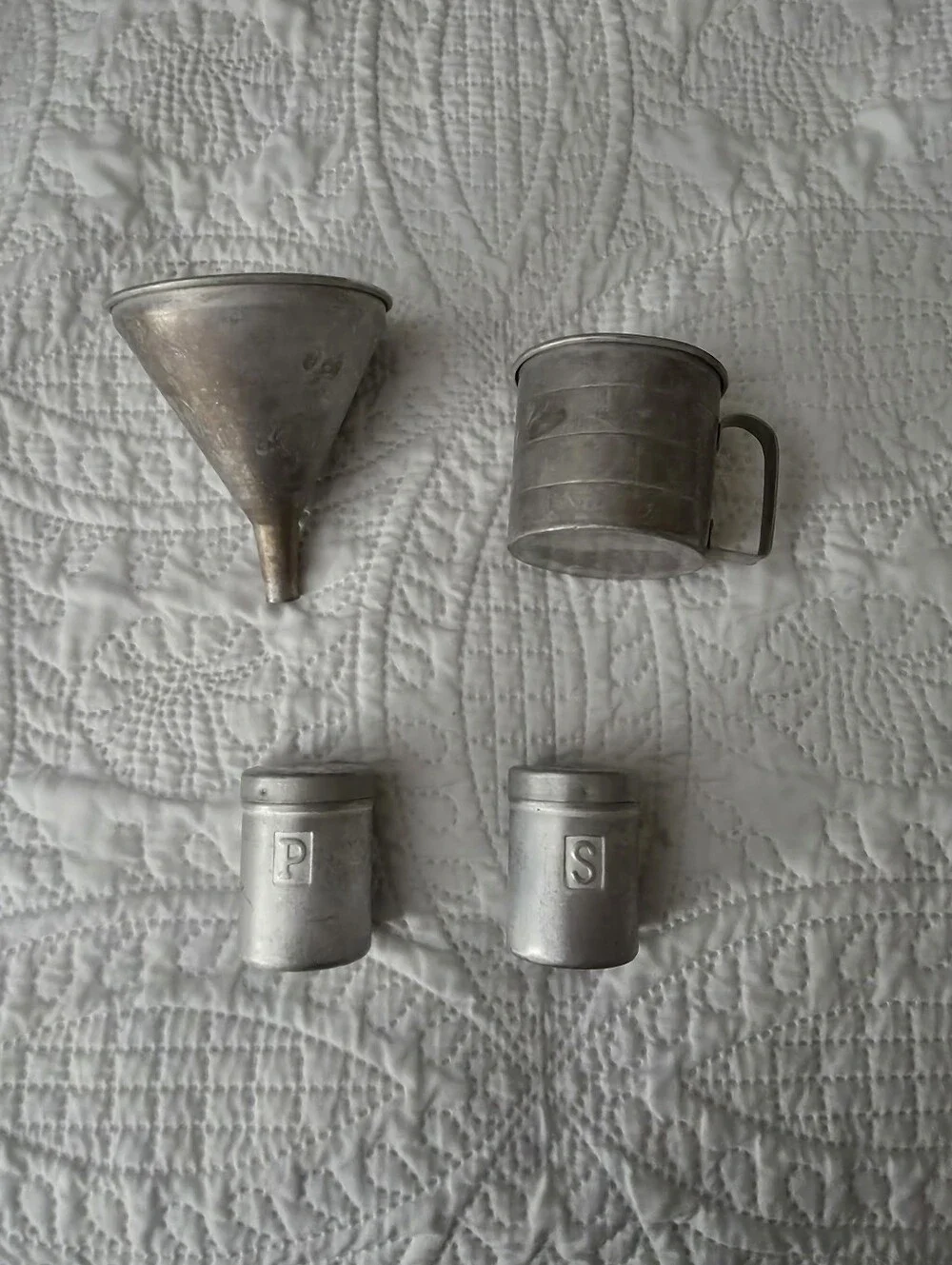 Vintage 1950s Aluminum Tin Funnel, Measuring Cup & Salt & Pepper Shakers